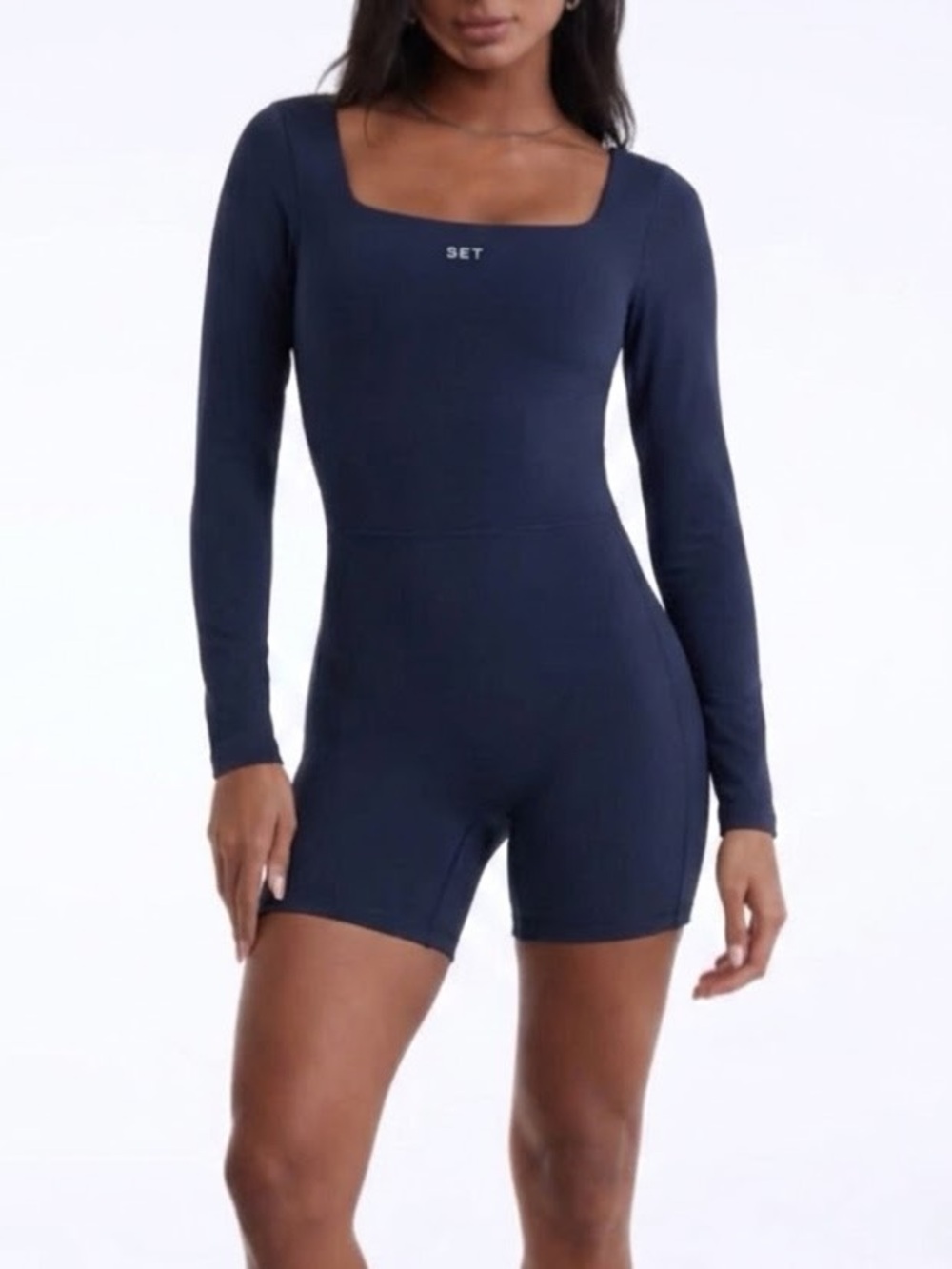 Set Active Navy Shortsuit One Piece Long Sleeve Bodysuit Bike Shorts
